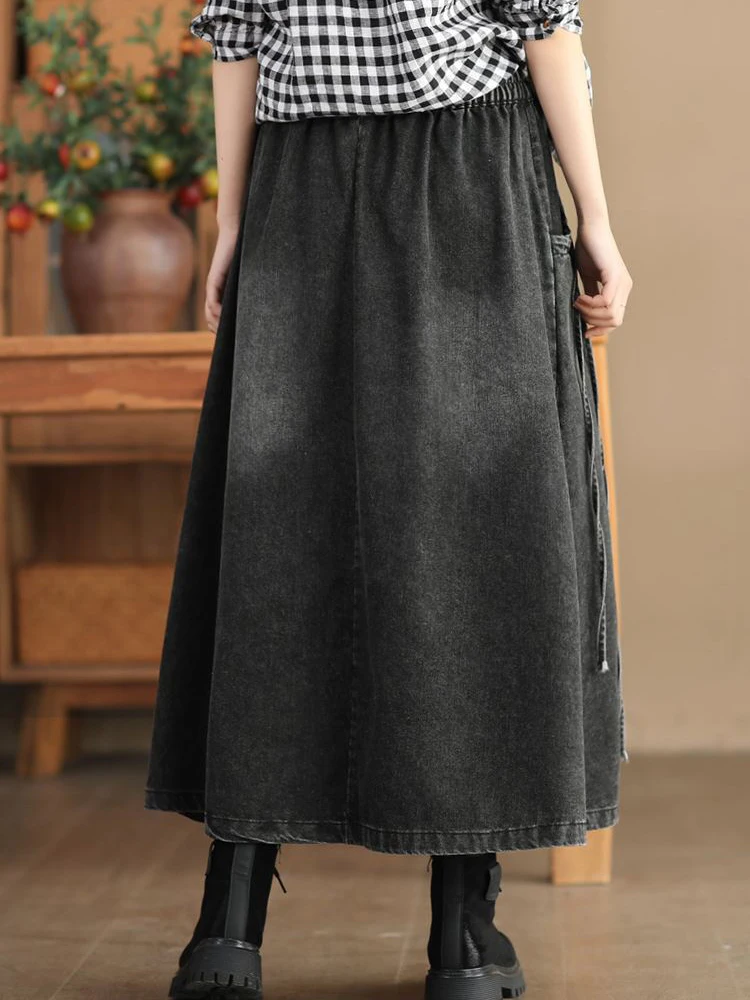 Women Denim Skirt Y2k Clothes Elastic Waist Long Skirt Harajuku Fashion Vintage Solid A-line Loose Jean Skirt Woman