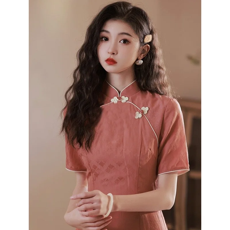 فستان تشيباو طويل أحمر للنساء، تصميم صيفي جديد أنيق وعصري، فستان رقيق عالي الجودة من ألياف البوليستر 00٪، بأسلوب عتيق جمالي #4