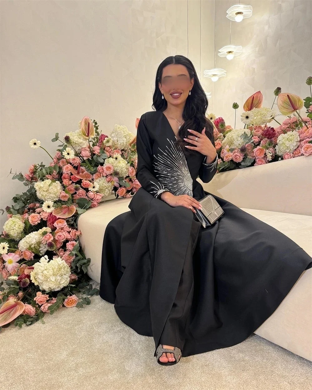 

Black Beaded Long Sleeves Bespoke Occasion Gown Evening Dresses Pastrol Unisex Jersey Retro Dubai Saudi Arabic Prom Customized