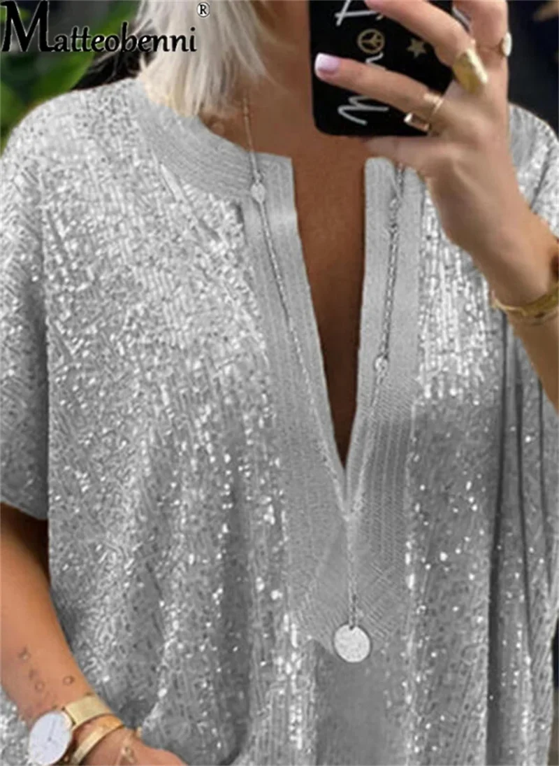 Summer New Fashion Sequin Decoration Blouse Women Short Sleeve V Neck Shirt Commuter Casual Female Versatile Basic Loose Tops 23