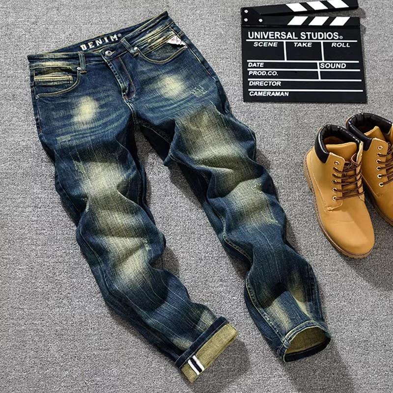 

Y2K Designer Fashion Men Jeans Retro Black Blue Stretch Slim Fit Ripped Jeans Men Italian Style Vintage Denim Pants Hombre