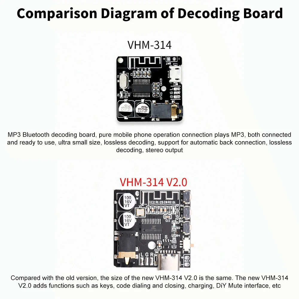 VHM-314-V2.0 Bluetooth Audio Receiver Board Bluetooth 5.0 Mp3 Lossless Decoder Board Wireless Stereo Music Type-c Module 3.3V 5V