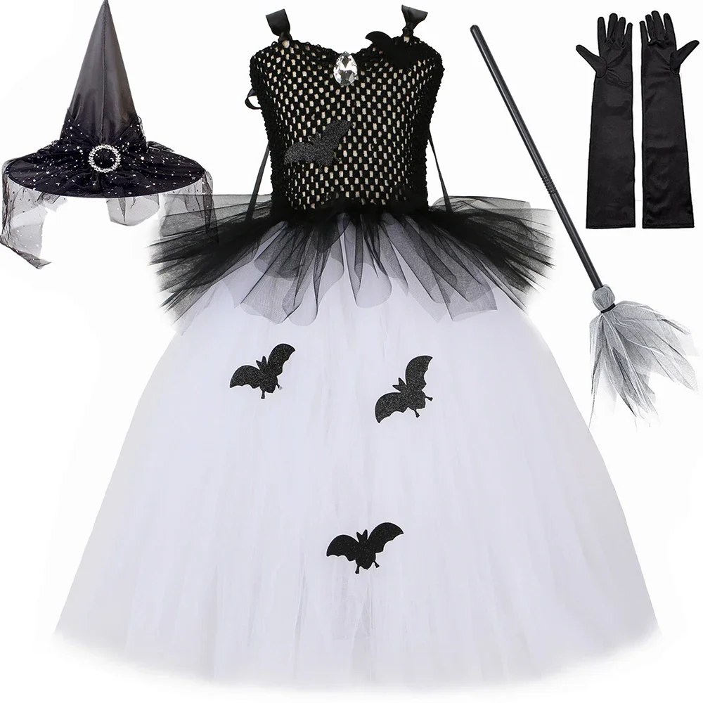 Vampire Bat Witch Costume for Girls Halloween Wicked Witches Tutu Dress Black White Kids Carnival Party Tulle Princess Dresses