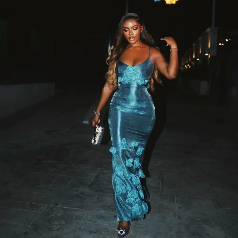 Mit Spaghettiträgern hinten sitzen Aso Ebi Meerjungfrau Geburtstagspartykleid für Fotos Aso Ebi Kleider Sexy rückenfreie Blumen-Abschlussballkleider