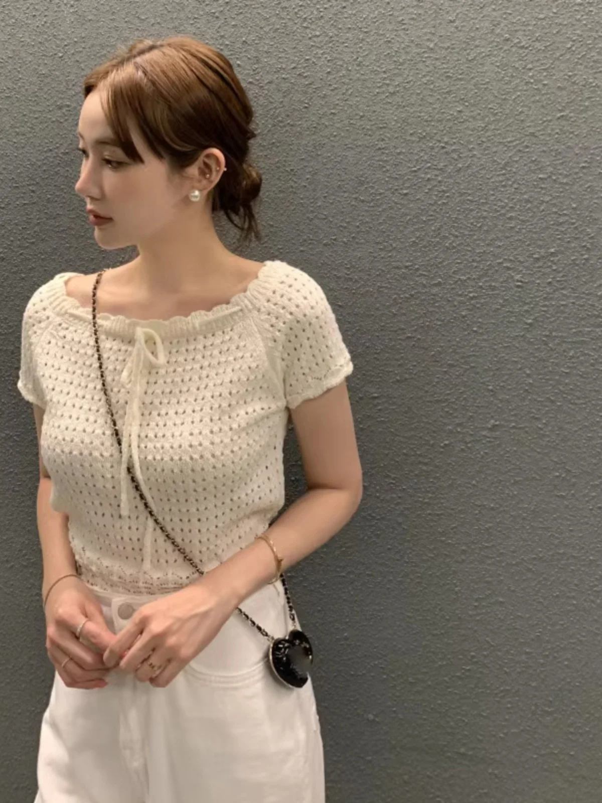 

Chic Lace Collar Hollow out ort Sve Knitted Top Women's Thin Summer Slimming Versatile ort Stripe Trendy Faion