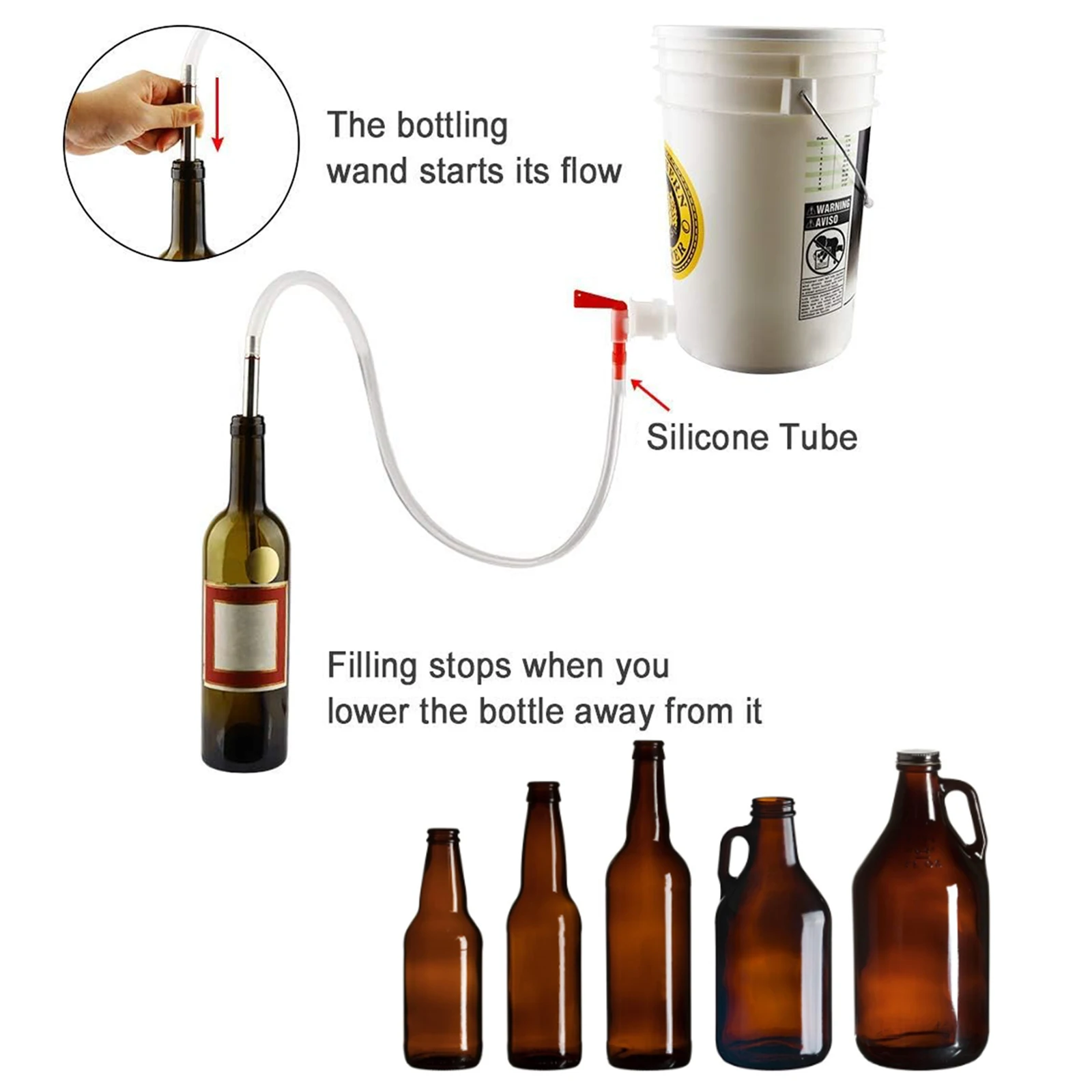 304SS حشو زجاجة البيرة المحملة بنابض مع فرشاة تنظيف النايلون بطول 13.7 بوصة (35 سم) تعبئة تخمير المنزل