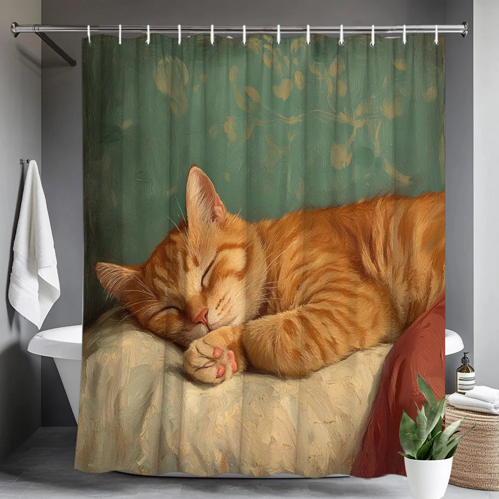 2D Flat, 2D Flat 1pc of Simulated Oil Painting Shower Curtain- Ginger-colored Spotted Cat Sleeping on a Pink Rug, Made of, with
