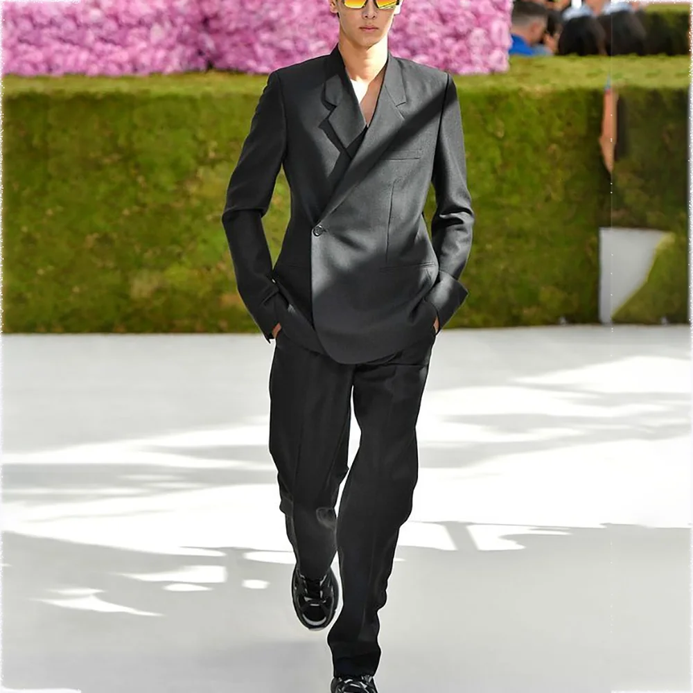 

New Fashion Dark Gray Men Suit Two Pieces(Jacket+Pants) Single Button Outfits High Quality Casual Party Prom Wedding Set