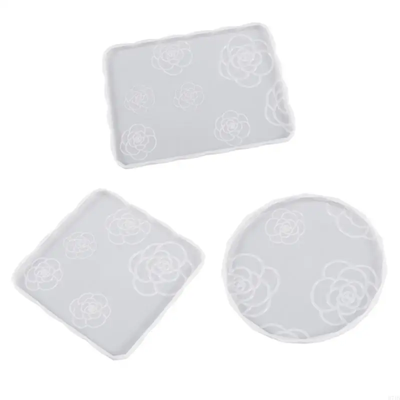 

37JB Rose Flower Silicone Mold Round Rectangle Tray Cup Mat Epoxy Resin Casting Mould for DIY Crafts Home Decorations