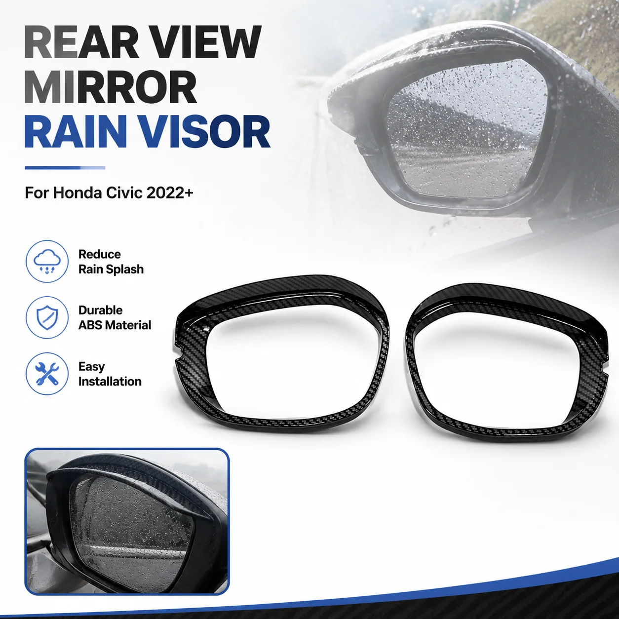 Rear View Mirror Rain Visor ABS Carbon Fiber Pattern for Honda Civic 2022+