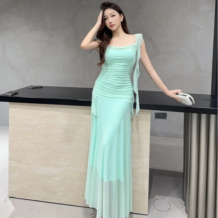 Sexy Crisscross Back Party Prom Vestidos Robe Elegant Sheer Mesh Pencil Dress Women's Ruched Panel Design Green Ribbon Dress