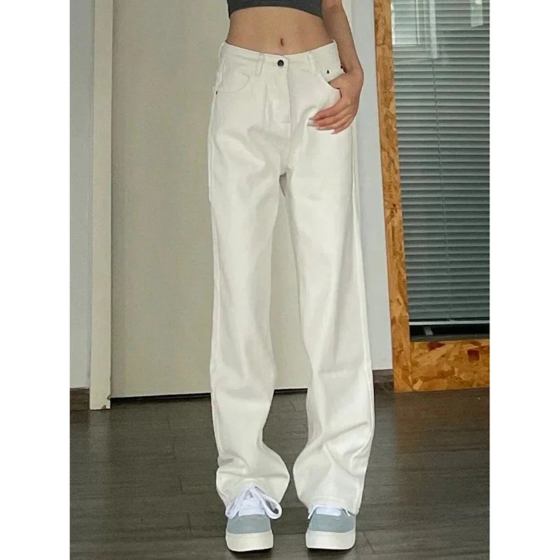 

New Summer Female Korean White Baggy Jeans TrousersGirls Slim Fit Casual Daily Jeans Pants Lady Classic High Waisted Denim Pants