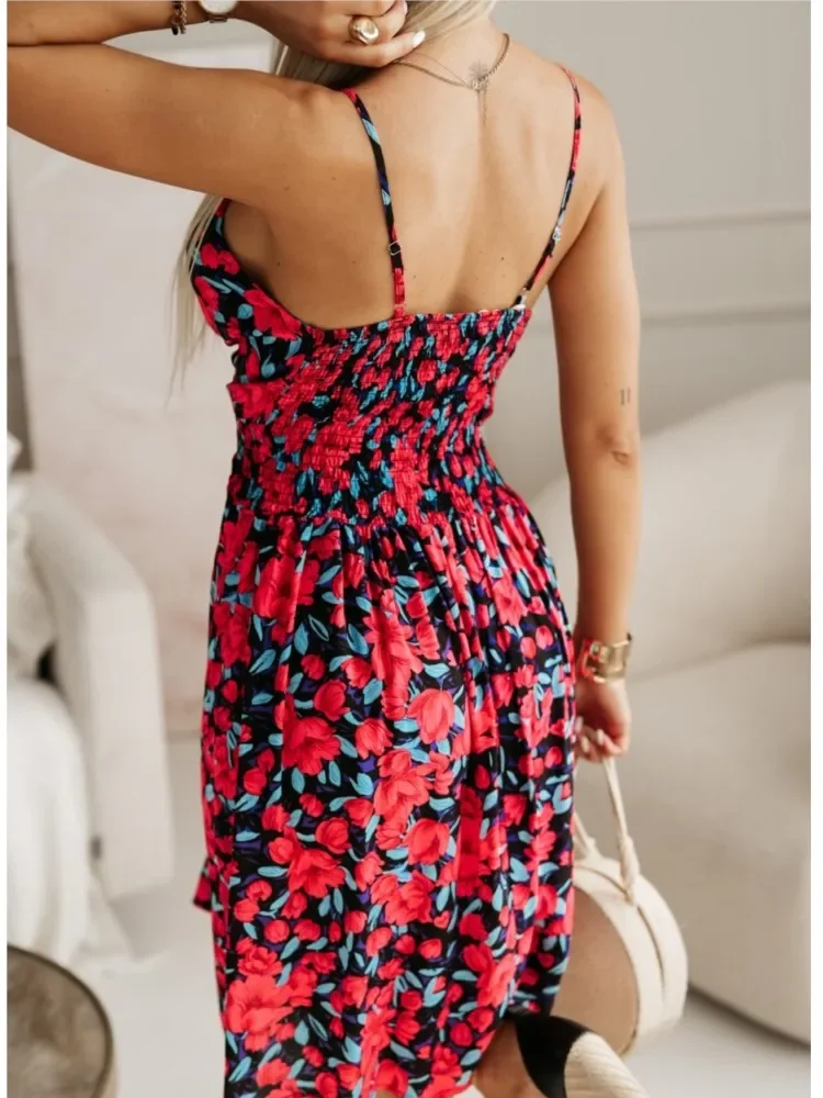 Verão sexy sem costas cinta de espaguete mini vestido feminino moda floral impressão sem mangas férias praia vestidos de festa doce casual