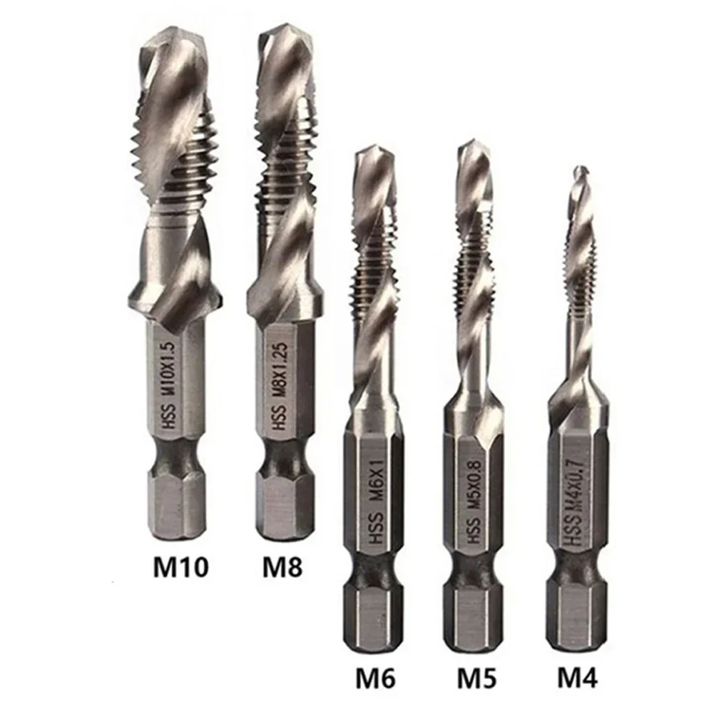 5pcs Set Tap Drill Bit Hex Shank HSS Threaded Bit Screw Machine Compound Metric Tap M5 M6 M8 M10 For Aluminum Wood Plastic