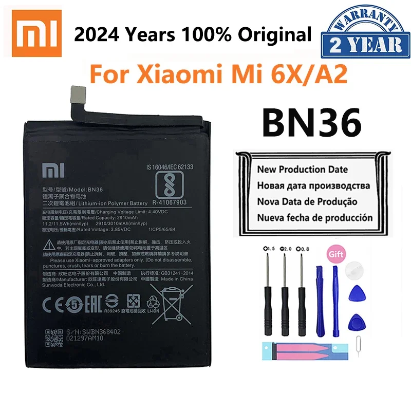 100% Orginal Xiao mi  BN36 3010mAh Battery For Xiaomi 6X A2 Mi6X MiA2 M6X MA2 High Quality Phone Replacement Batteries