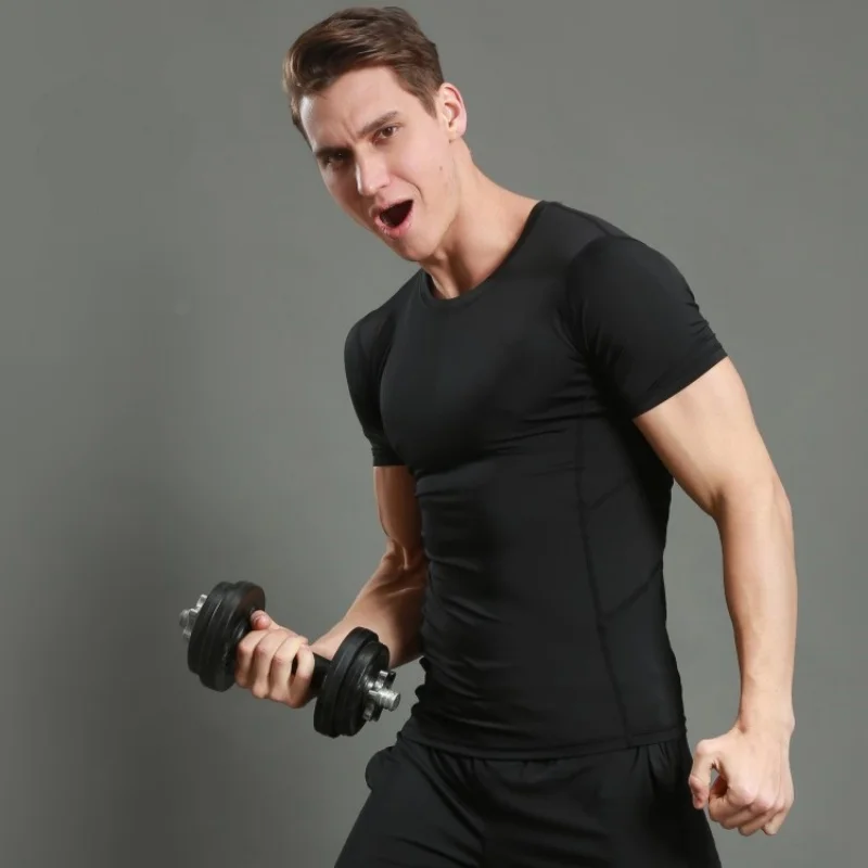 

2025 new men's tight fitting short sleeved men's sports T-shirt round neck fitness suit solid color casual running T-shirt quick