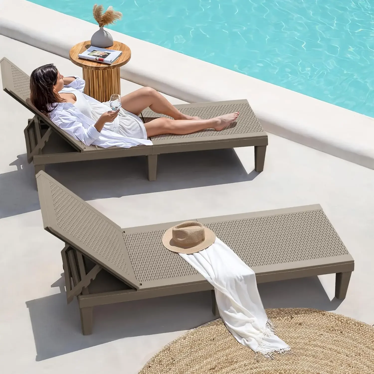 Outdoor Lounge Chairs Set of 2, Quick Assembly & Waterproof Patio Chaise Lounge with Adjustable Backrest for Poolside, Beach