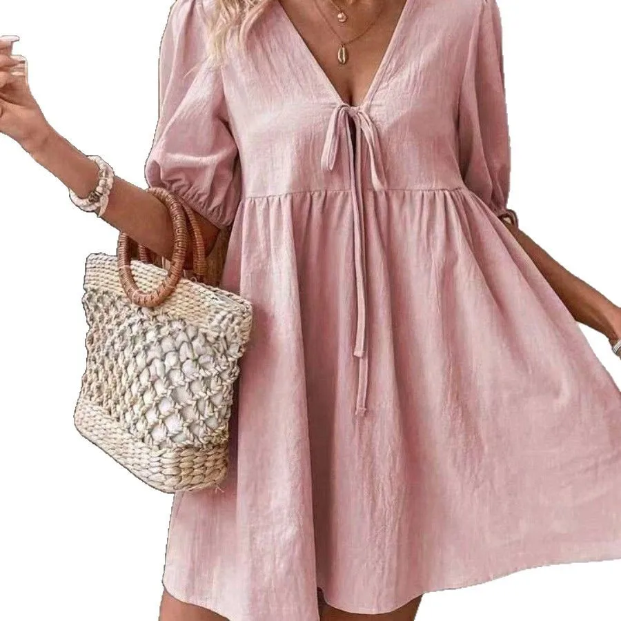 2025 Summer Women's Casual Mini Dress Fashion Elegant Comfort Lace-up V-neck Solid Color Vestidos Loose A-Line Vacation Dresses