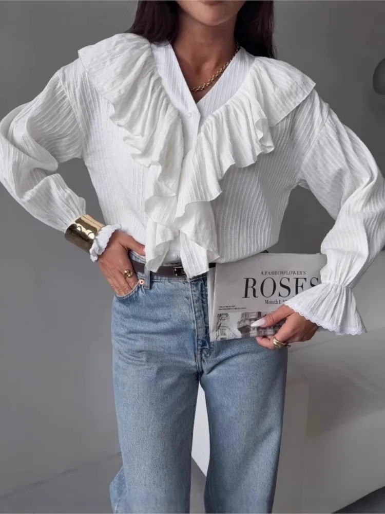 

Новая весенне-осенняя повседневная женская рубашка с длинными рукавами и рюшами, элегантная офисная женская блузка на пуговицах, винтажная женская одежда