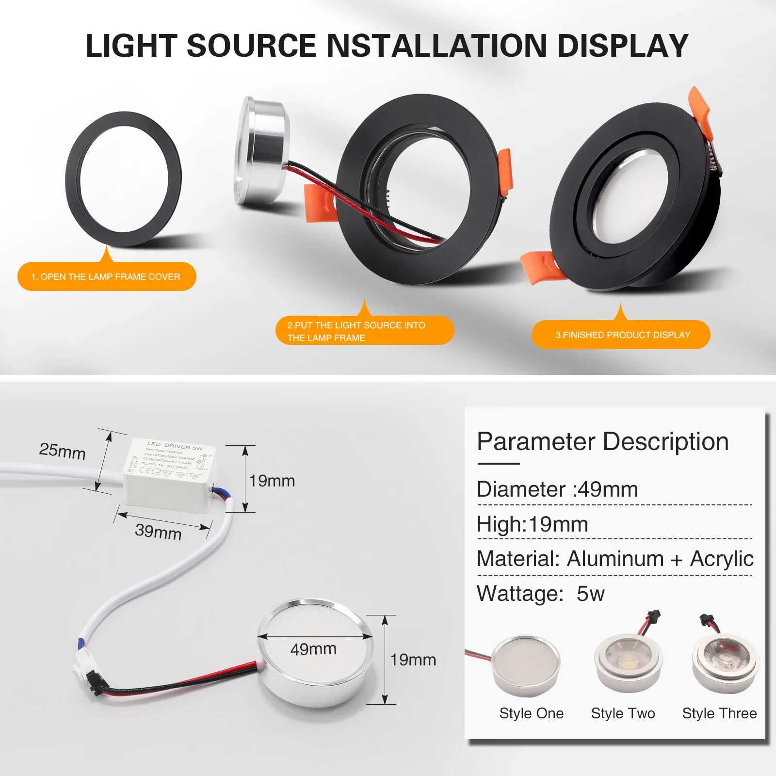 2PCS 5W Spot Light Frame Cut-Out 65mm Adjustable Round Recessed LED Ceiling GU10 MR16 Lamp Holder 360 Degree Rotation - view 4