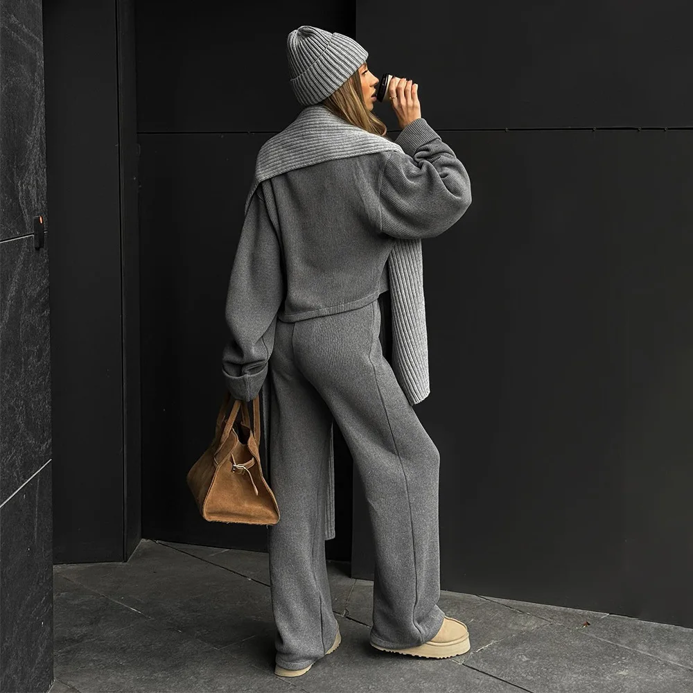 2025 Autumn Winter New Knitted Long Sleeve Wide Leg Pants Set Zipper Jacket Pants Casual Set