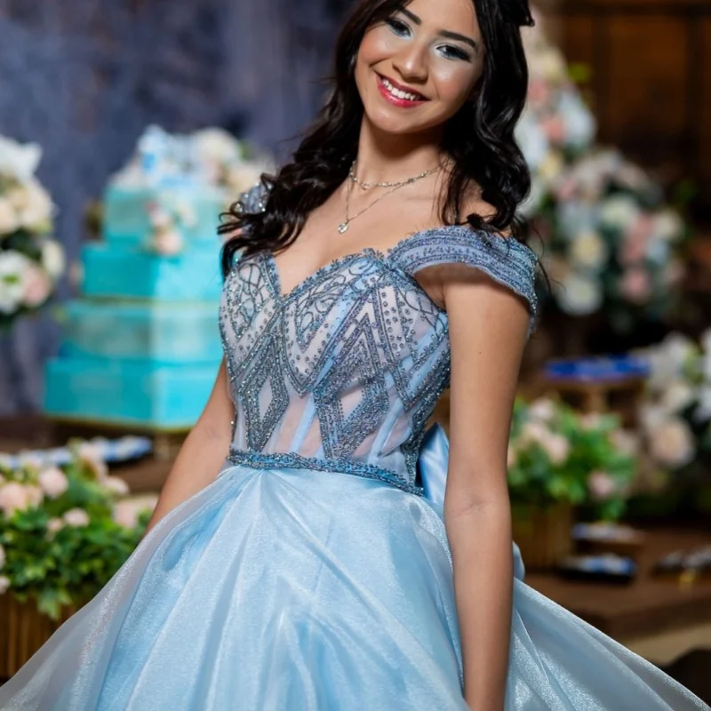 Simple blue Quinceanera Dress off-shoulder Lace layering glitter crystal decal Tull Bow vestidos de 15 Quinceanera ﻿Customized