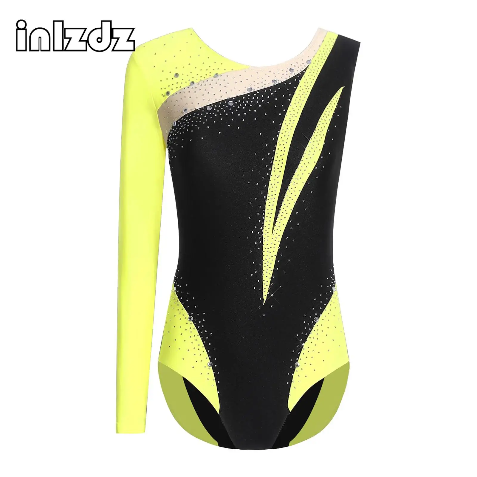 

Womens Ballet Gymnastics Leotard Figure Skating Performance Costume Color Block Asymmetrical Workout Leotard Bodysuit Activewear