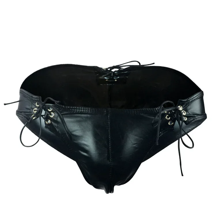 Briefs Pantys Underpant Panty Underwear Trendy Men\'s PU Leather Low Waist Boxers Shorts Underwear Pouch Bandage