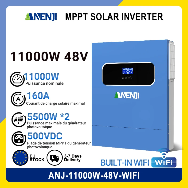 11KW 48V hors réseau / réseau connecté onduleur pur sinusoidal avec chargeur solaire MPPT 160A intégré et deux entrées photovoltaïques