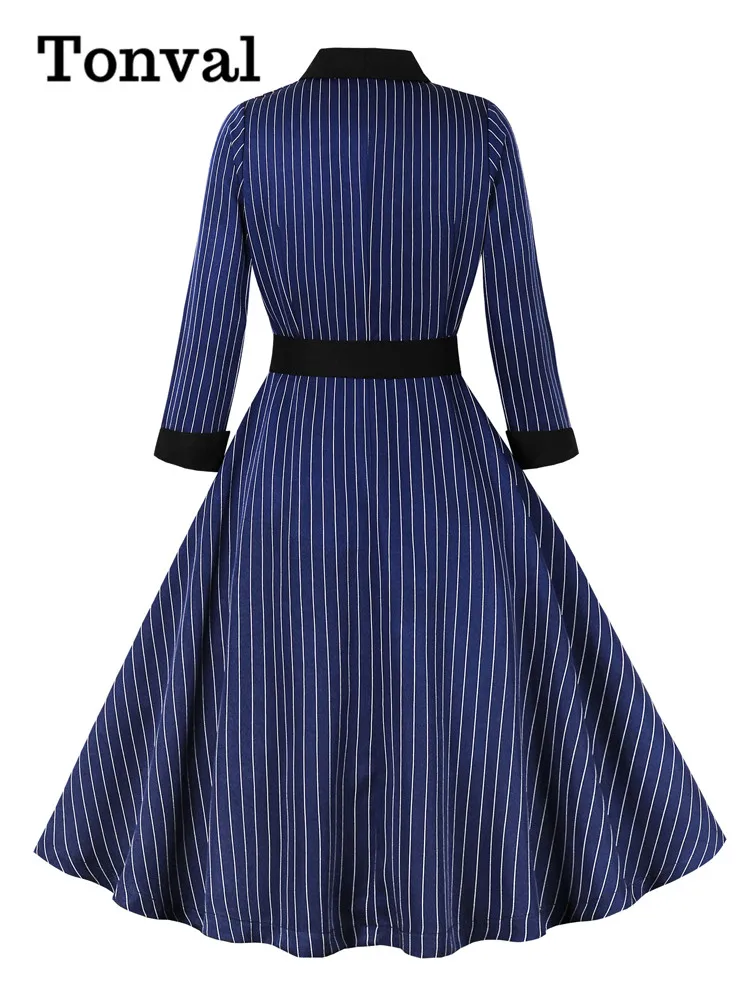 Tonval Contrast Collar Blue Striped 3/4 Length Sleeve Fall Dresses for Women Single Breasted Belted Vintage Party Dress