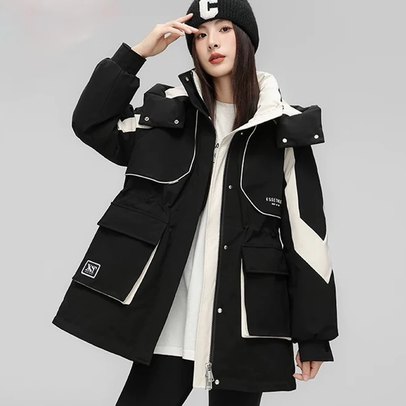 Mid-length Down Jacket Women's Winter 2024 New Stitching Hooded Tooling Pike Clothing Waist Stitching Charge Jacket