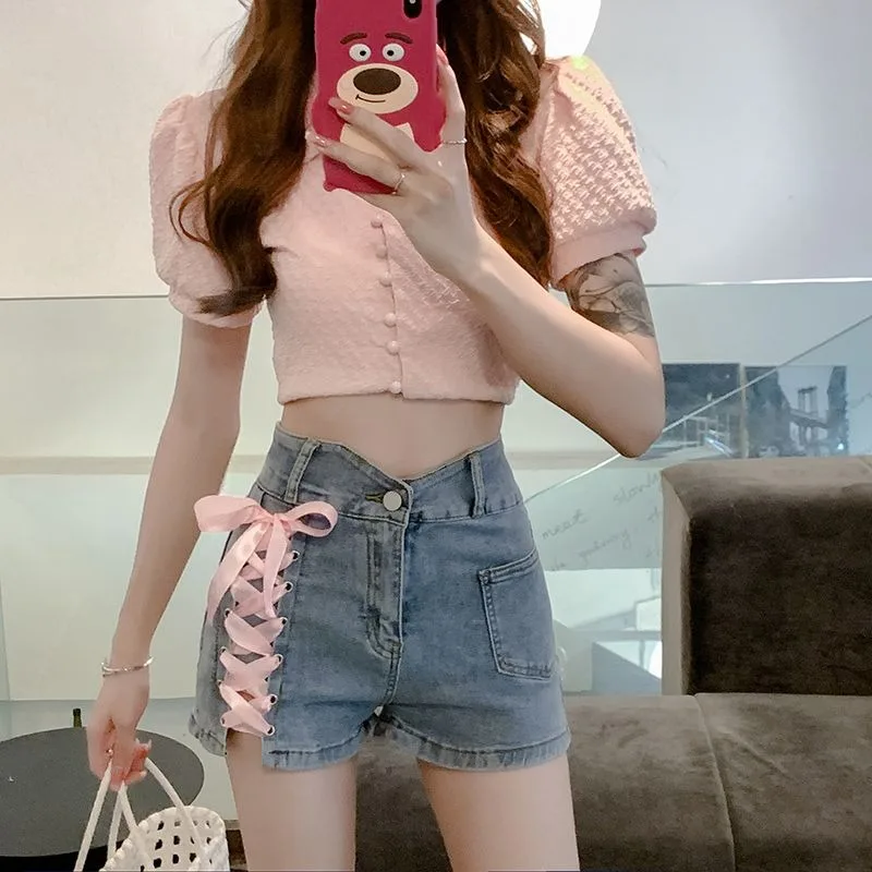 Pink Cross Denim Shorts  Tie Decorative Hot Trousers Shorts Female Summer New High Waist Thin A-line Shorts Womens Clothing