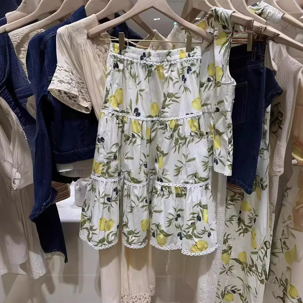 

RO24 Summer New Sle Cotton Floral Print f-skirt Tower High-wasti Mid-Long Skirt Women's Collection Floral Print A-line S...