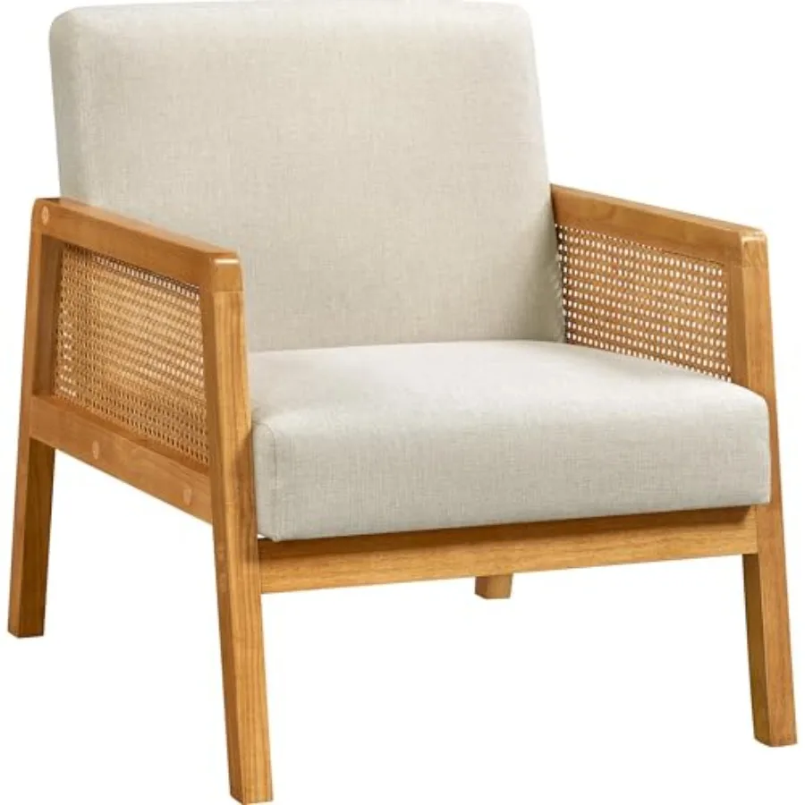 

Beige Accent Chair Armchair with Wood Legs Mid Century Living Room Chair Linen Fabric Lounge Chair for Bedroom Reading Room Bei