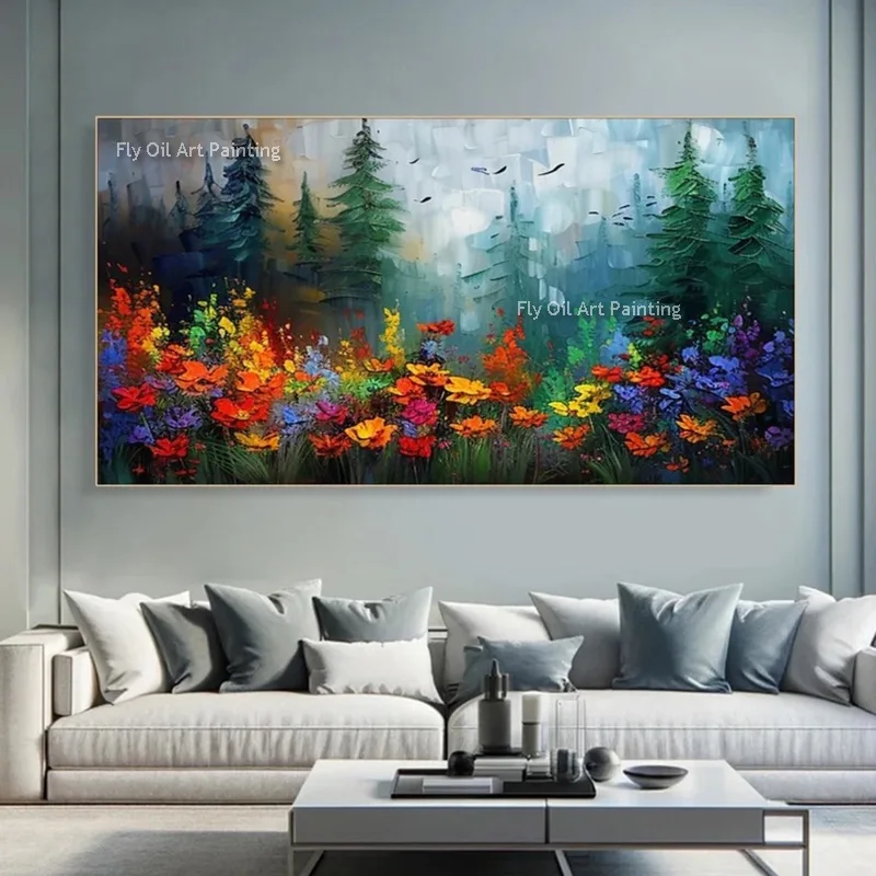 Red Yellow Flowers Field And Green Forest Landscape Oil Painting Modern Blue Yellow Canvas Wall Art Decor For Living Room