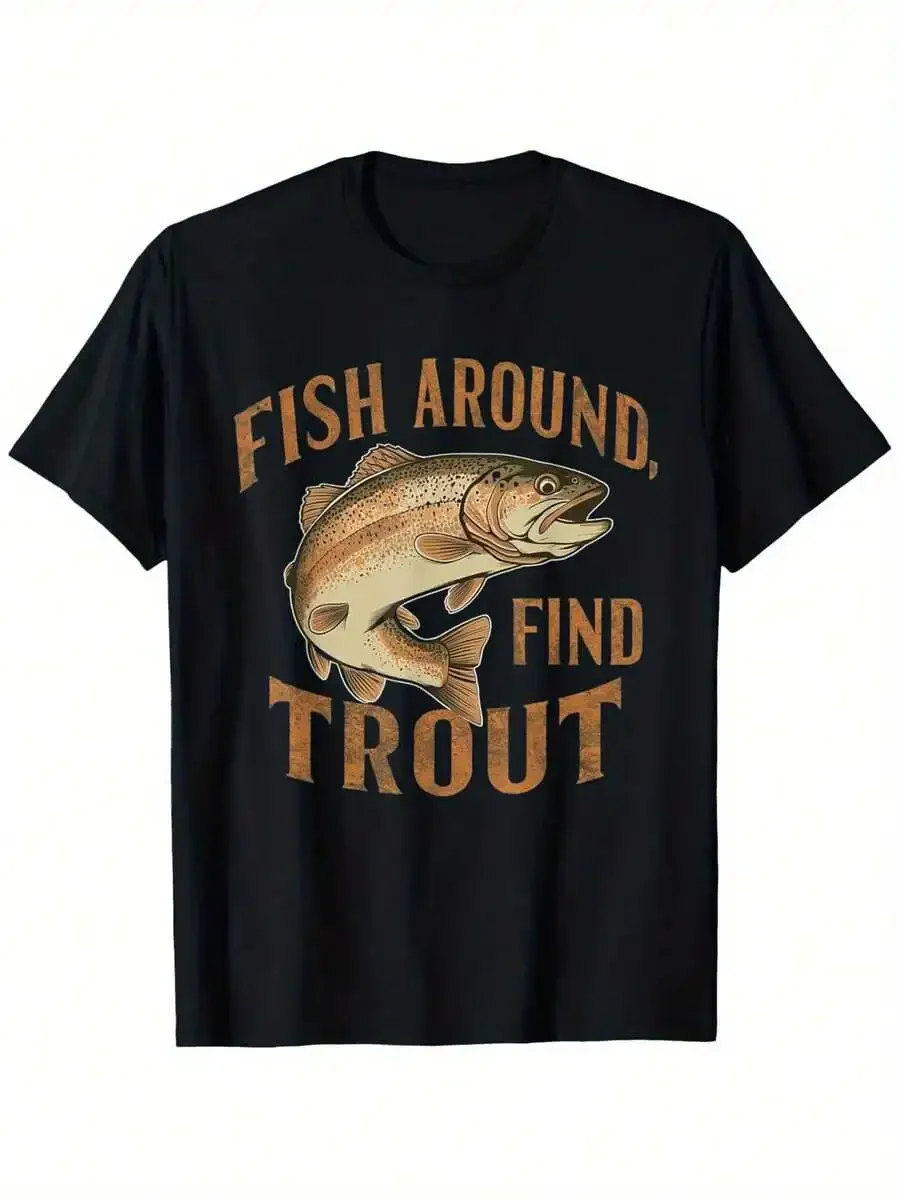 Vintage 'Fish Around Find Trout' Graphic T-Shirt - 100% Cotton Casual Outdoor Tee For Men & Women, All-Season Comfort, Sizes S-X