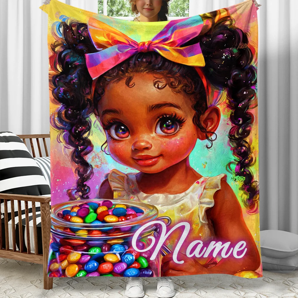 Cobertor de flanela de menina preta com nome personalizado, adequado para sofá, cama, aniversário, crianças, meninas, família, amigos, presentes
