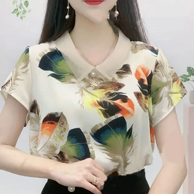 2024 Summer New Women's Peter Pan Collar Rivet Contrast Color Printed Elegant Fashion Loose Commuter Short Sleeve Chiffon Blouse