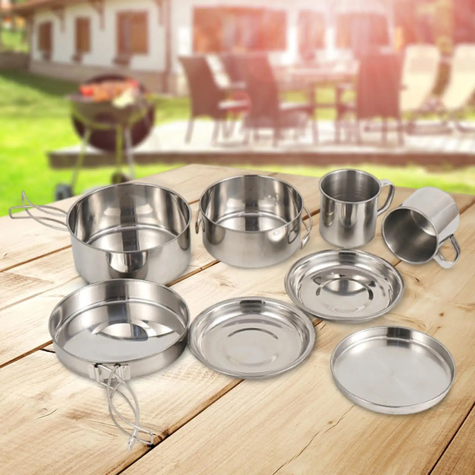 8x Camping Kookgerei Mess Kit Camping Gebruiksvoorwerpen Set Opvouwbare handgreep Kookset Pot Pan Cup Gear Outdoor Bestek voor Vissen Outdoor