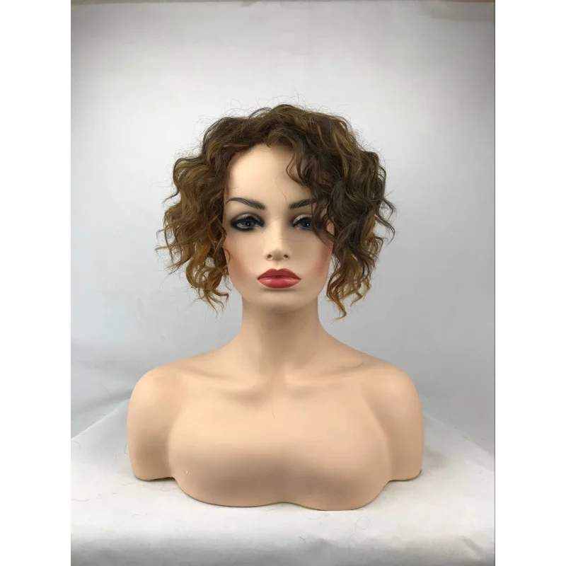 

Женский парик Короткий золотисто-коричневый вьющийся женский парик Парик из натуральных волос Кепка для парика