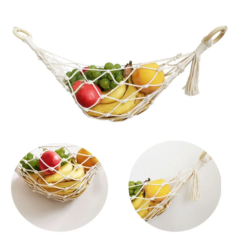 Hand-Woven Macrame Vegetable Net Under Cabinet Fruit Hanging Basket Kitchen Storage Organizer Hanging Mini Tapestry Decor