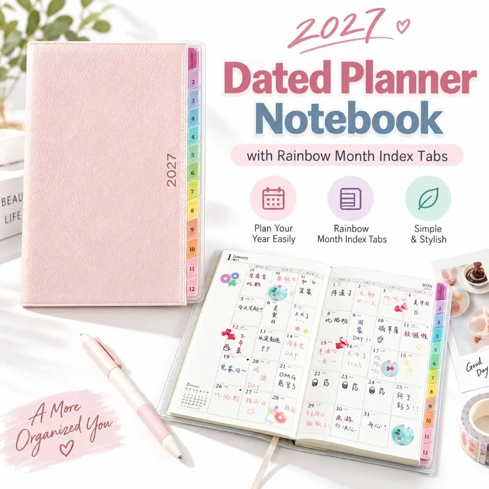 New Textured Cover 2027 Planner with Rainbow Index Tabs with Calendar Planner Notebook Appointment Book Students