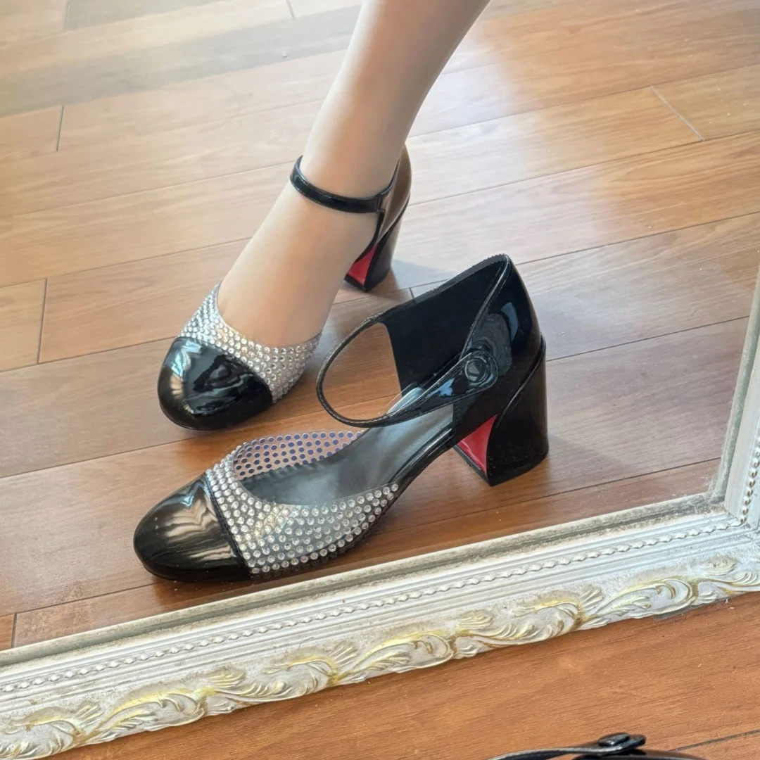 

Red Sole Round-Toe High Heels Lady Rhinestones Sequin Embellished Single-Strap Buckle Cutout Design Chunky Mary Jane Shoes Women