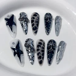 Handmade Press on Nails Punk Cool Black Star Crocodile pattern False Nails Heavy Metal European Black Almond Fake Nail Patches