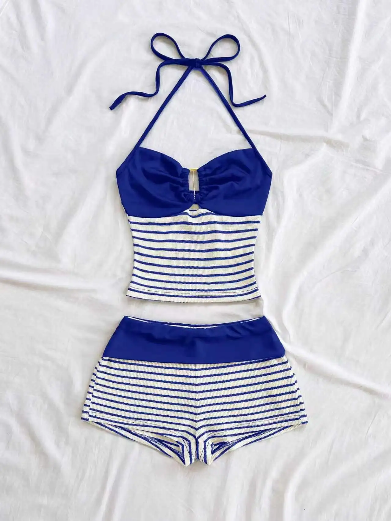 Blue Color-Blocked Two-Piece Set Top with Matching Shorts Textured Fabric Neckline Design Women's Fashion Outfit Combo