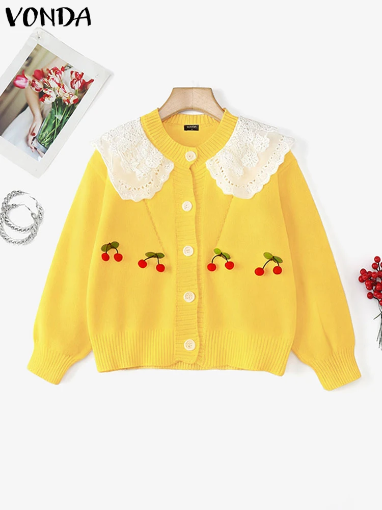 

VONDA Women Lace Patchwork Sweaters 2025 Casual Loose Knitted Pullover Fashion Long Sleeve Cardigan Fashion Knitted Coat