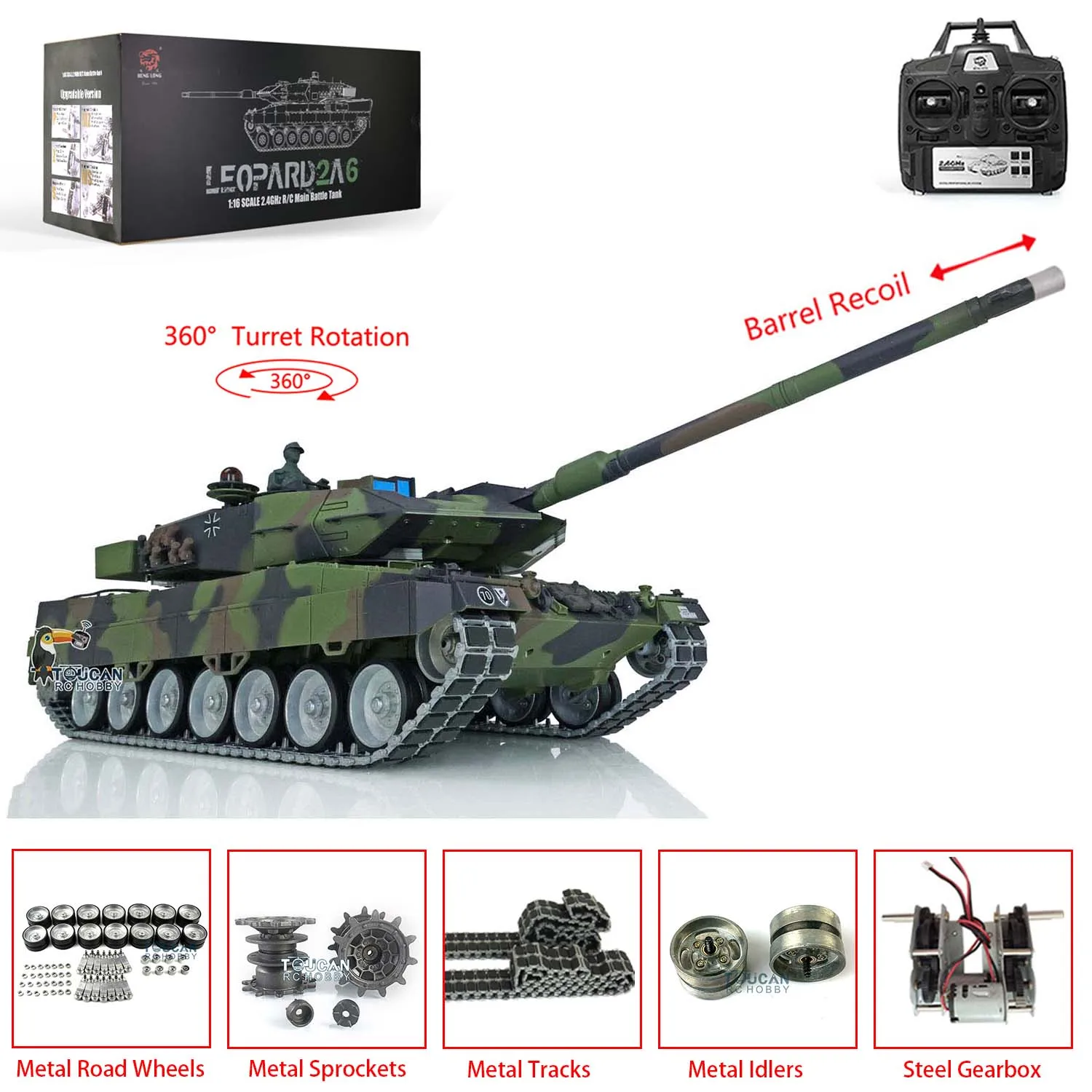 Toucan Controlled Toys 1/16 Heng Long 7.0 Leopard2A6 RC Tank 3889 Barrel Recoil Metal Tracks W/ Rubbers RTR  Car TH17593-SMT8