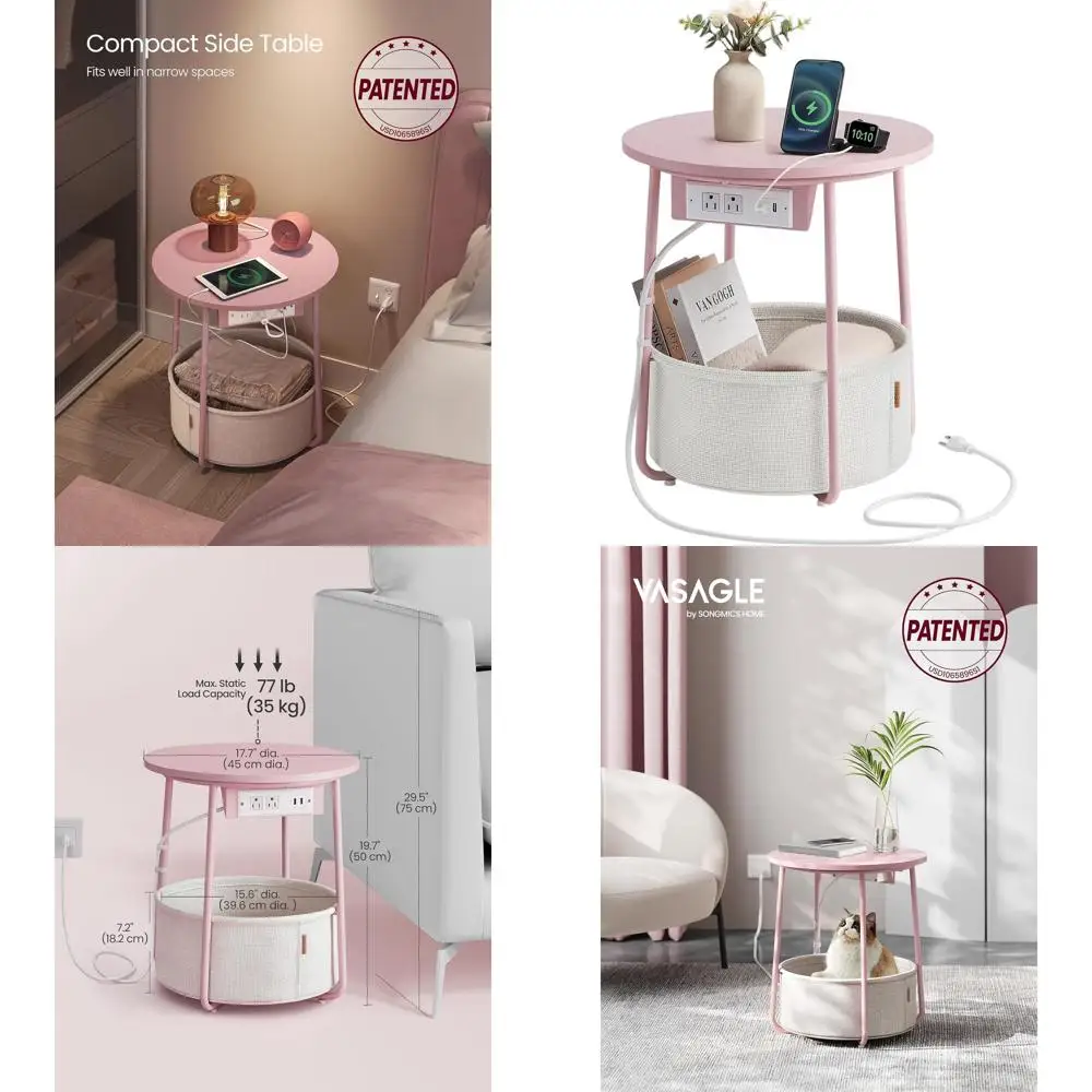 

Круглый современный приставной столик с зарядной станцией, тканевой корзиной, USB-портами, для гостиной или спальни, цвета: желейно-розовый и кремово-белый