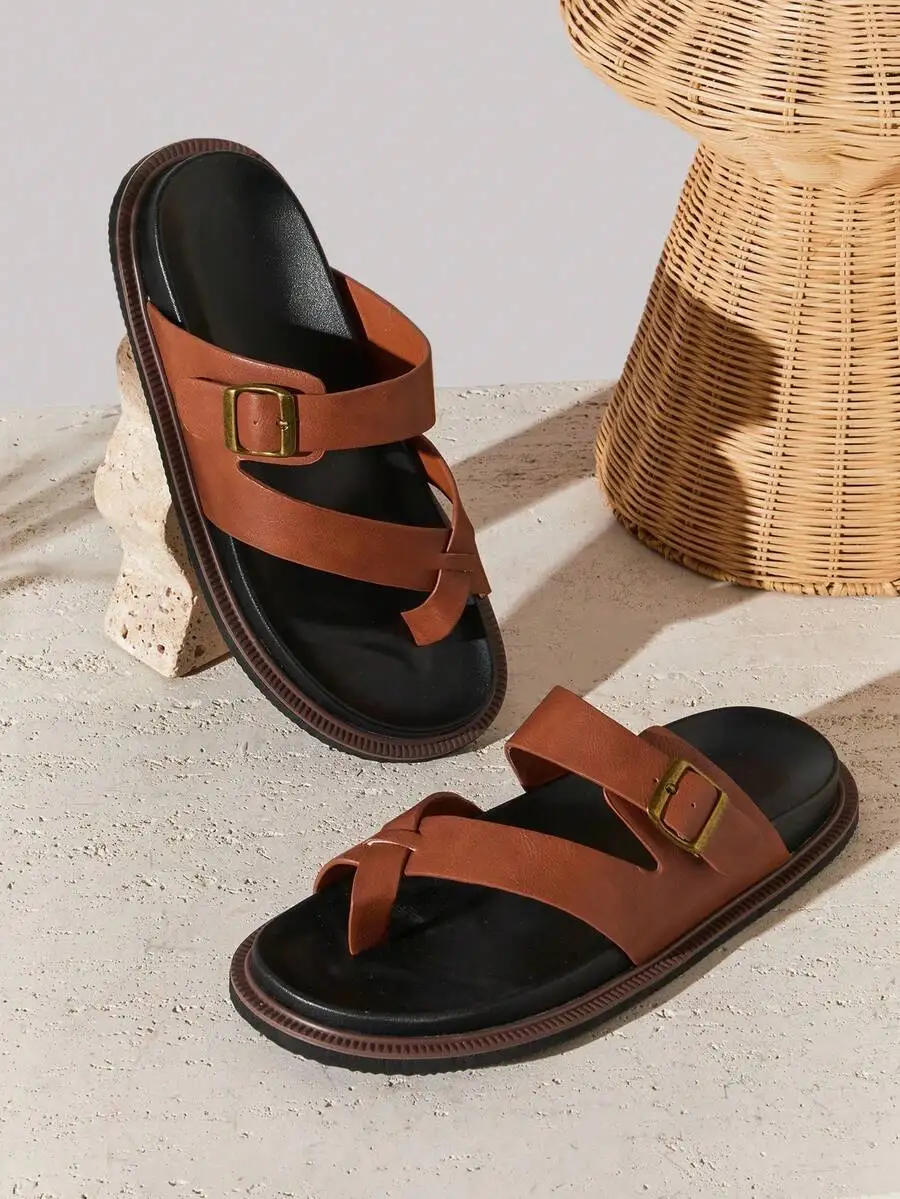 

Buckled Toe Loop Cross Strap Thong Sandals, Soft Footbed Faux Leather Minimal Style for Men Daily Beach Wear