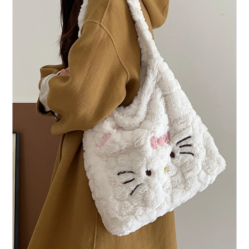 Kawaii Hello Kitty Plush Shoulder Bag Large Capacity Furry Y2k Handbag Cute Plush Tote Bag Autumn/Winter Bags for Women Girls